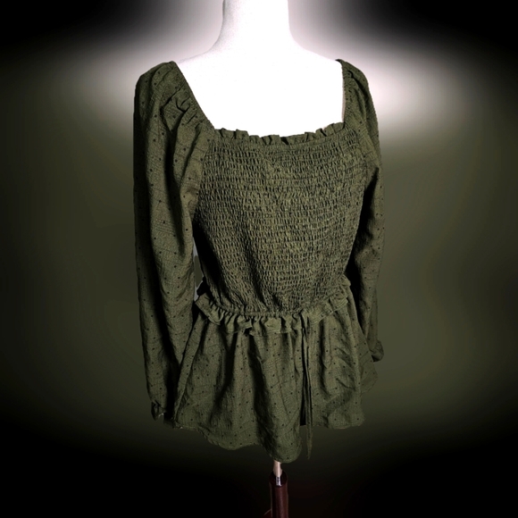 Hayden Los Angeles Smocked Green Textured Blouse Top Square Neck Elastic Waist L - Picture 1 of 15